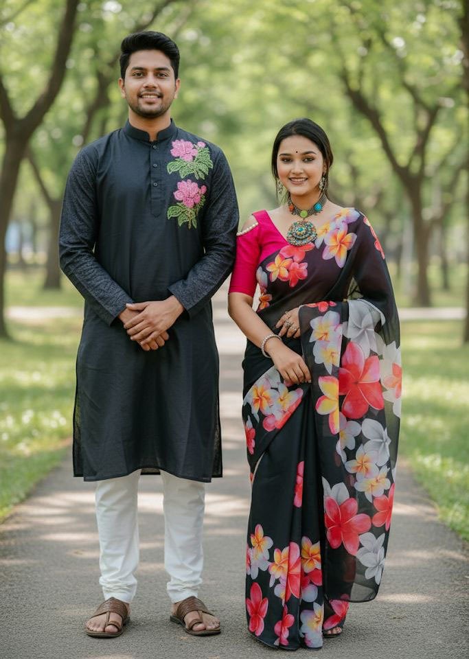 কাপল ড্রেস কালেকশন চান্দুরি সিল্ক শাড়ি ও ধুপিয়ান পাঞ্জাবি